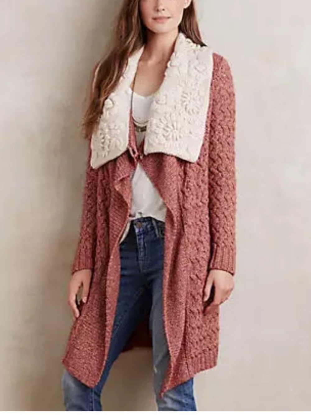 Anthropologie Rose Cable Knit Long Cardigan with Cream Collar